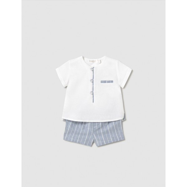 Mayoral Σετ παντελόνι κοντό και πουκάμισο λινό λευκό μπλε-25-01211-060
