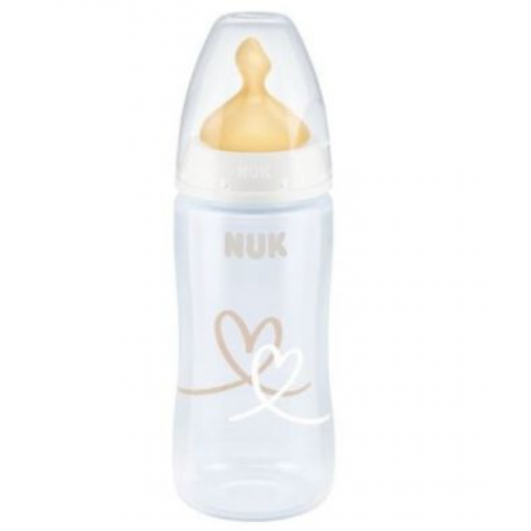 Nuk  Πλαστικό Μπιμπερό First Choice Plus με Δείκτη Ελέγχου Θερμοκρασίας Θηλή Καουτσούκ 300ml Λευκή Καρδιά 0-6m 741.927heart