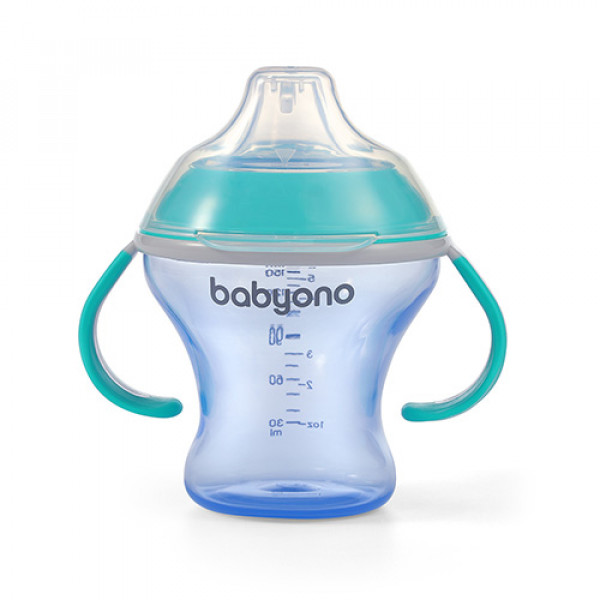 BabyOno Παιδικό ποτηράκι με λαβές και μαλακό στόμιο που δε χύνεται- Non-spill 180 ml Turquise BN1456/01