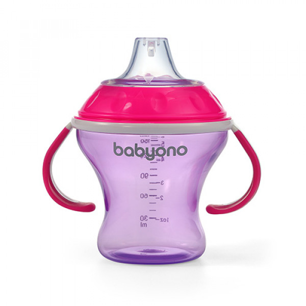 BabyOno Παιδικό ποτηράκι με λαβές και μαλακό στόμιο που δε χύνεται- Non-spill 180 ml Pink BN1456/02
