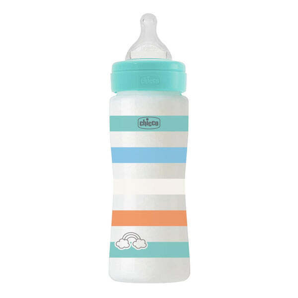 Chicco Μπιμπερό Well Being Γυάλινο Με Θηλή Σιλικόνης 0μ+ 240ml Σιελ A50-28721-21