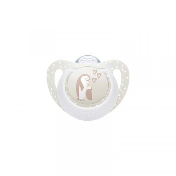 NUK Πιπίλα Σιλικόνης με Θήκη First Choice 0-6μηνών  Μπεζ Πιγκουίνοι 175.384