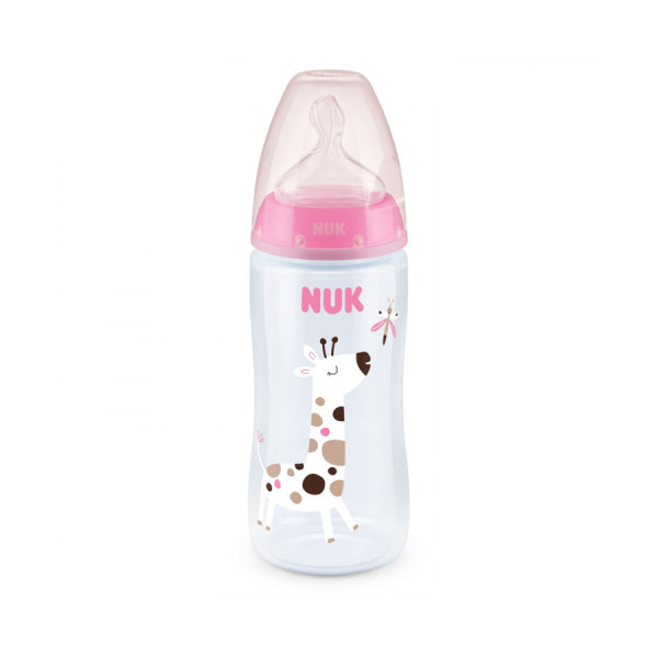 Nuk First Choice Plus Πλαστικό Μπιμπερό με Δείκτη Ελέγχου Θερμοκρασίας Θηλή Σιλικόνης 300ml Ροζ Giraffe 6-18m 741.088girafe