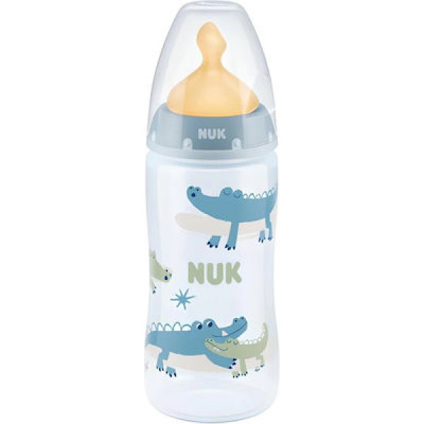 Nuk First Choice Plus Πλαστικό Μπιμπερό με Δείκτη Ελέγχου Θερμοκρασίας Θηλή Καουτσούκ 300ml Κροκόδειλοι 0-6m 741.939grey