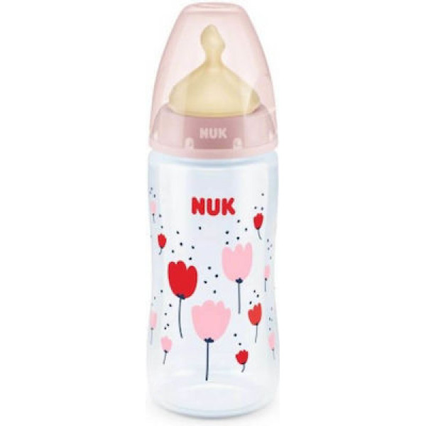 Nuk First Choice Plus Πλαστικό Μπιμπερό με Δείκτη Ελέγχου Θερμοκρασίας Θηλή Καουτσούκ 300ml Ροζ Λουλούδια 0-6m 741.939roz