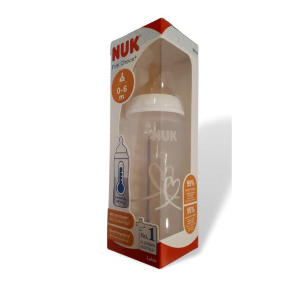 Nuk First Choice Plus Πλαστικό Μπιμπερό με Δείκτη Ελέγχου Θερμοκρασίας Θηλή Καουτσούκ 300ml White Heart 0-6m 741.939