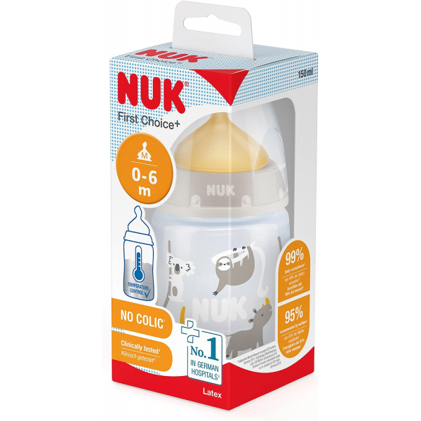 NUK Μπιμπερό First Choice+ (0-6m) 150ml Θηλή Latex με Δείκτη Ελέγχου Θερμοκρασίας Γκρι Κοάλα  743.887