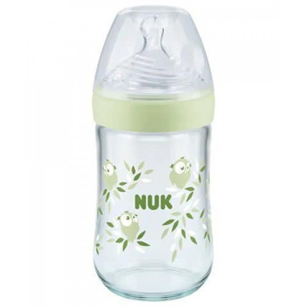 Nuk Γυάλινο Μπιμπερό Nature Sense Κατά των Κολικών με Θηλή Σιλικόνης 240ml για 0-6 μηνών Green 745.119green