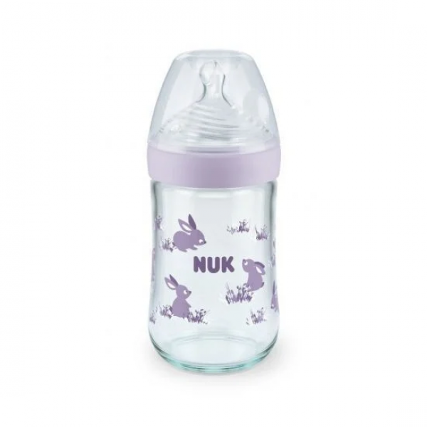 Nuk Γυάλινο Μπιμπερό Nature Sense Κατά των Κολικών με Θηλή Σιλικόνης 240ml για 0-6 μηνών Purple 745.119purple