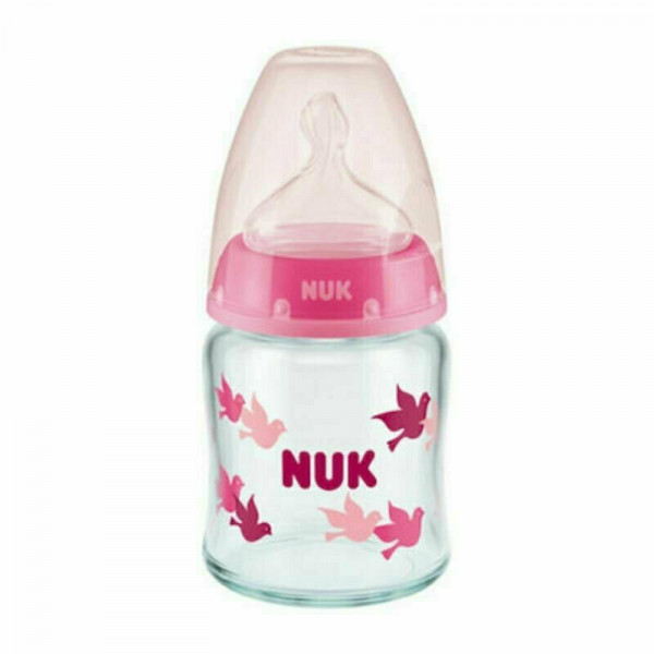 Nuk First Choice Γυάλινο Μπιμπερό για 0-6m+ με Θηλή Σιλικόνης Ροζ 120ml 747.117pink