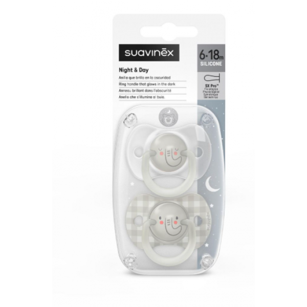 Suavinex Πιπίλα Φυσιολογική SX PRO Σιλικόνη Night&Day 6-18μ Elephant 2τεμ BR78468