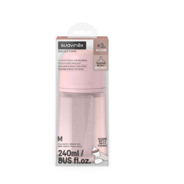 Suavinex Μπιμπερό Όλο Σιλικόνη Φυσιολογική θηλή SX PRO 240ml +3μ Rosewater BR79794