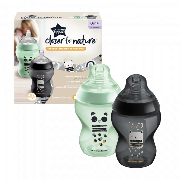 Tommee Tippee Μπιμπερό Closer to nature μικρής ροής 260ml με σχέδιο Pip the Panda & Ollie the Owl (2τμχ) 0m+ 42252105