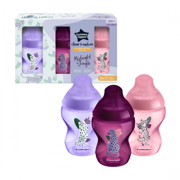 Tommee Tippee Πλαστικό Μπιμπερό Closer To Nature 3x260ml Μικρής Ροής Με Σχέδιο Ζούγκλα 422730