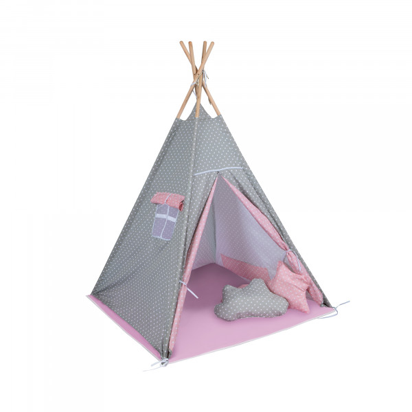 Baby Adventure Σκηνή Teepee-Grey Pink Star BR75594 (Δώρο 3 διακοσμητικά μαξιλάρια!)