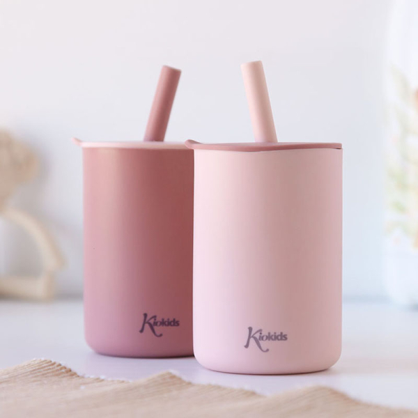 Kiokids Σετ Ποτήρια Σιλικόνης με Καλάμάκι 180ml Ροζ 3508