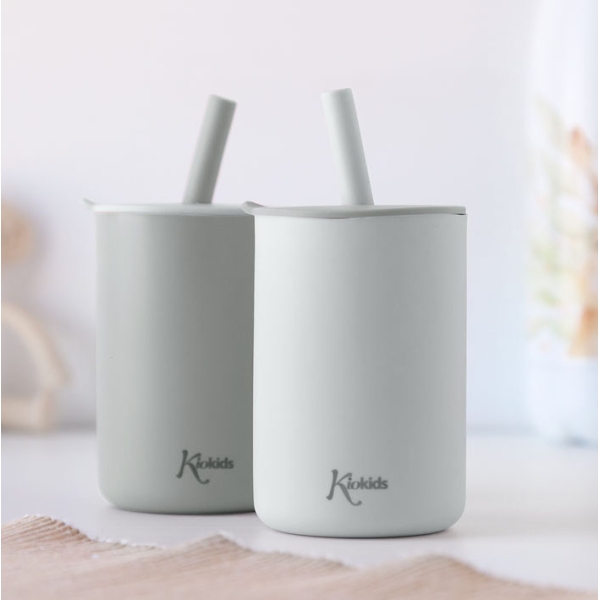 Kiokids Σετ Ποτήρια Σιλικόνης 2τμχ.με Καλαμάκι 180ml Γκρι 3801