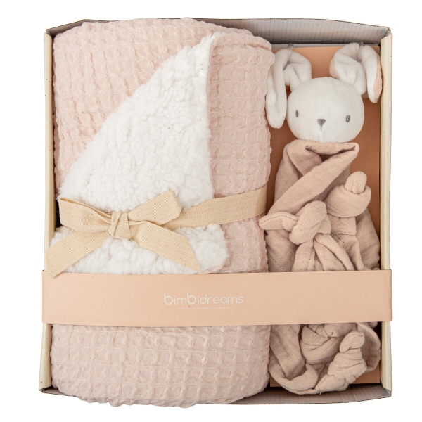 Bimbidreams Σετ Δώρου Κουβέρτα Αγκαλιάς Bamboo με Πλεκτό Κουνελάκι Ροζ 75x90εκ. MWD000RE
